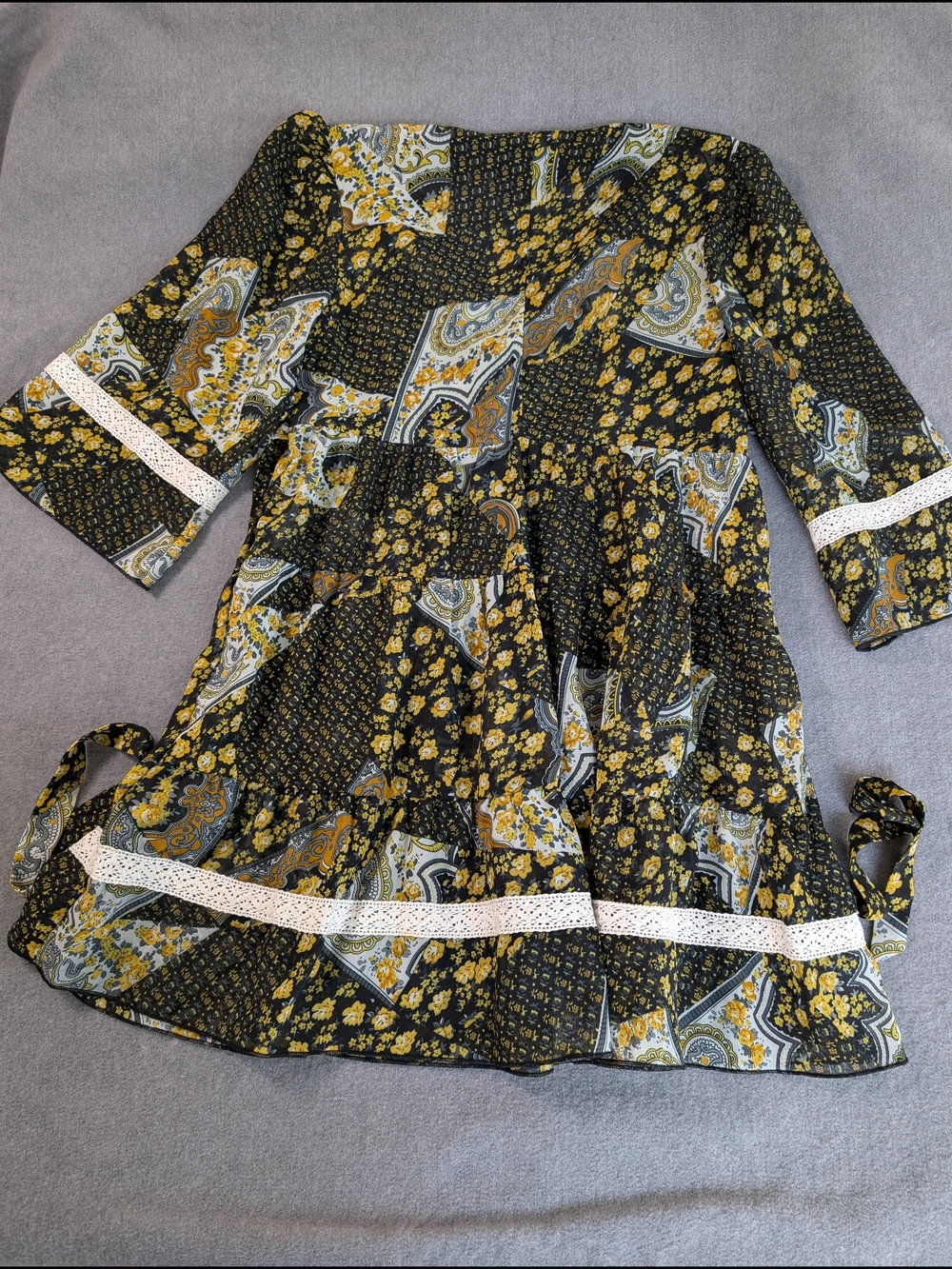Ali & Kris Womens Boho Floral Paisley Tiered Mini Dress Blue Yellow Size M - Picture 9 of 9